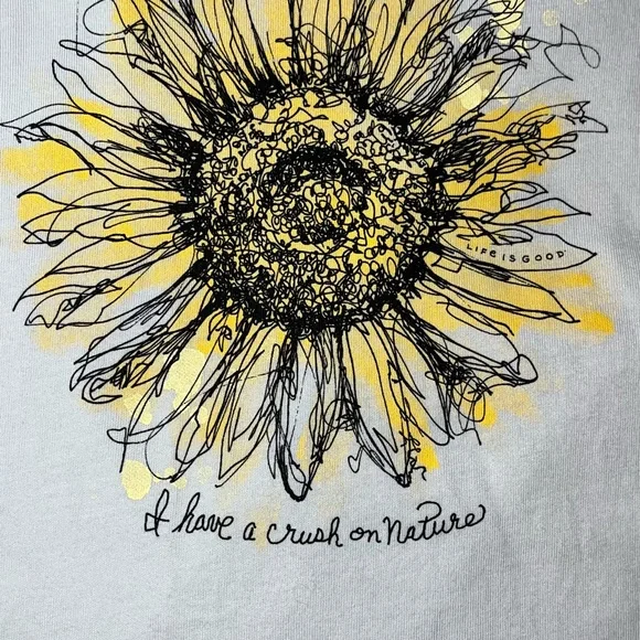 Life Is Good Beige V Neck Yellow Flower Long Sleeve Shirt NWT Small Graphic - Picture 2 of 6